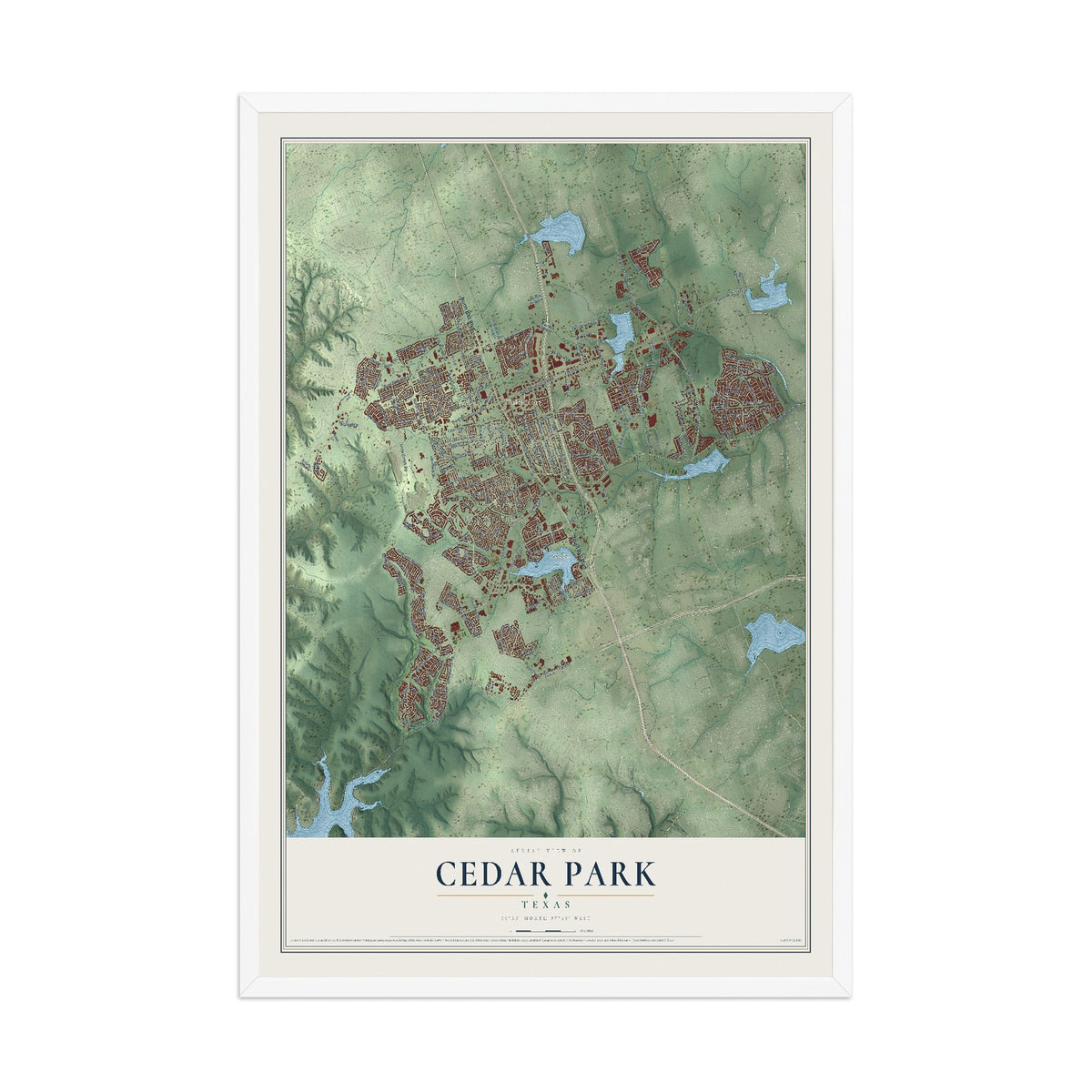 Map of Cedar Park, Texas, 12 x 18 inch print in a white wood frame