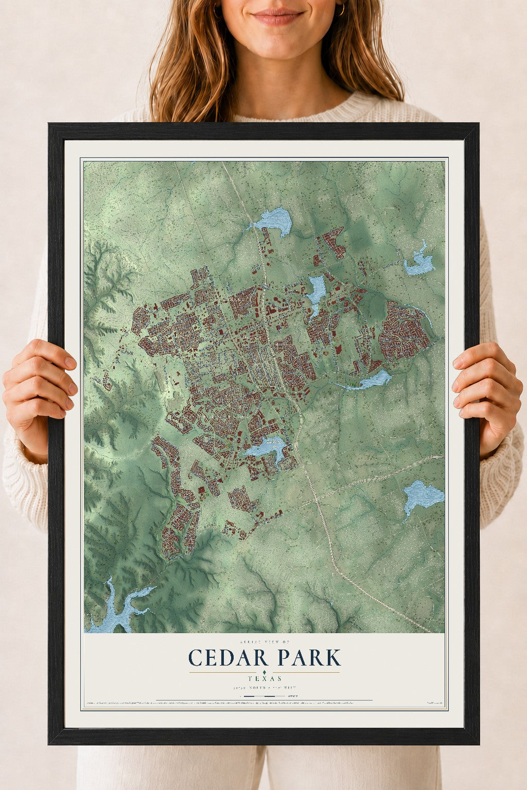 Map of Cedar Park, Texas, 18 x 24 inch print in a black wood frame
