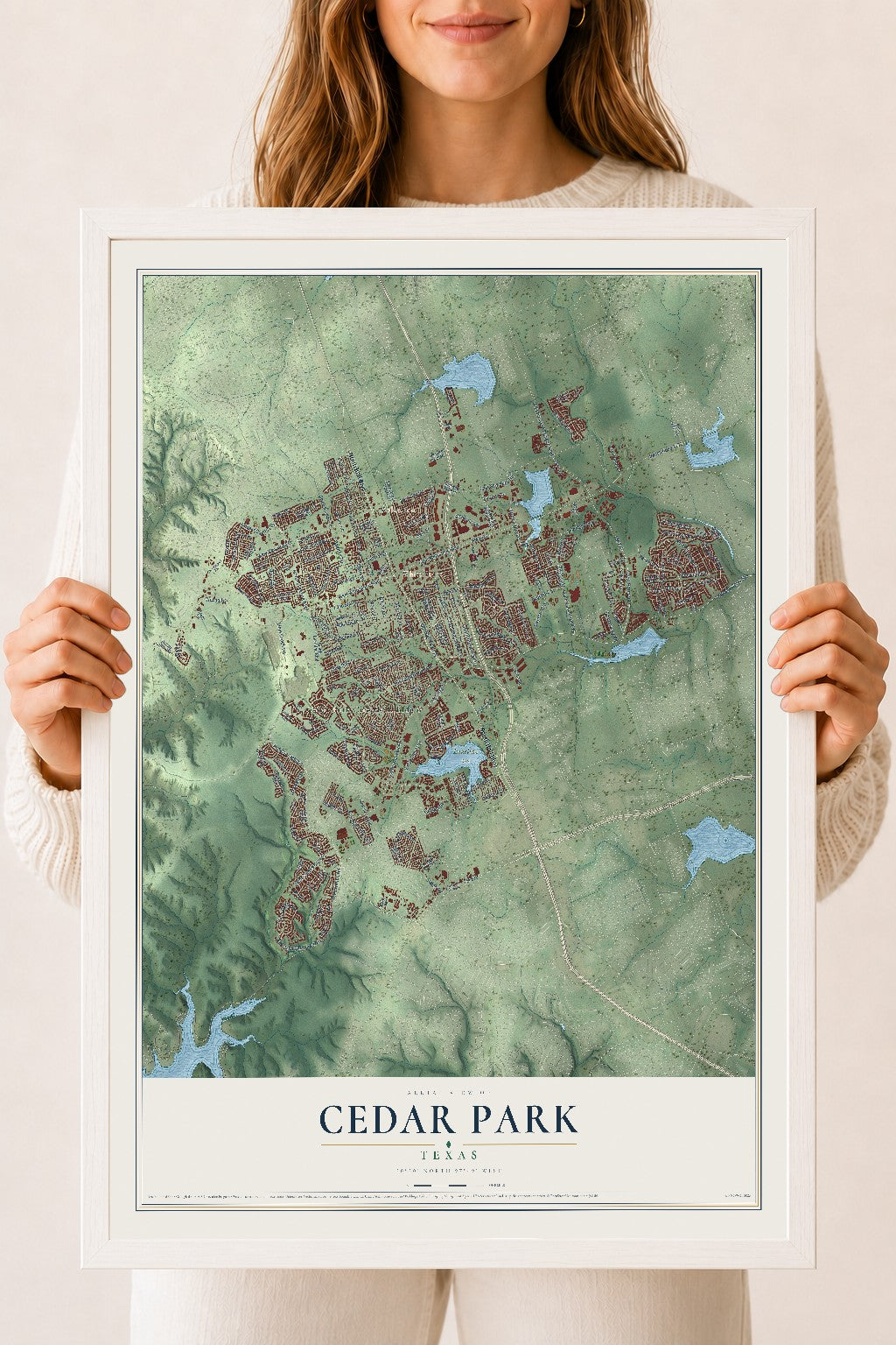 Map of Cedar Park, Texas, 18 x 24 inch print in a white wood frame