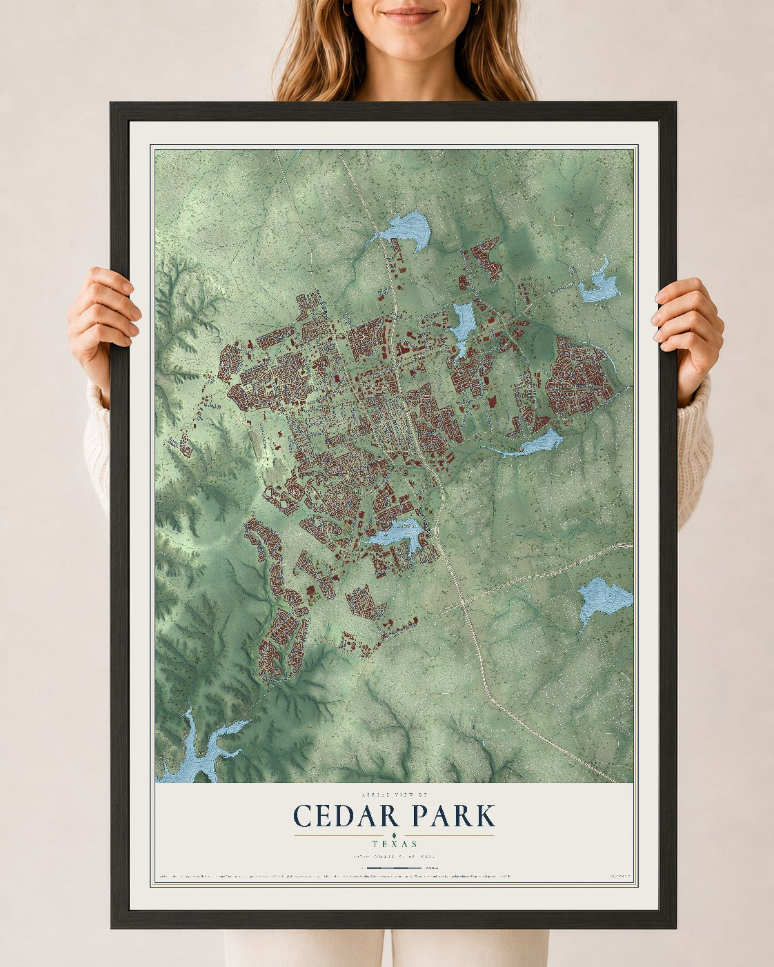 Map of Cedar Park, Texas, 24 x 36 inch print in a black wood frame