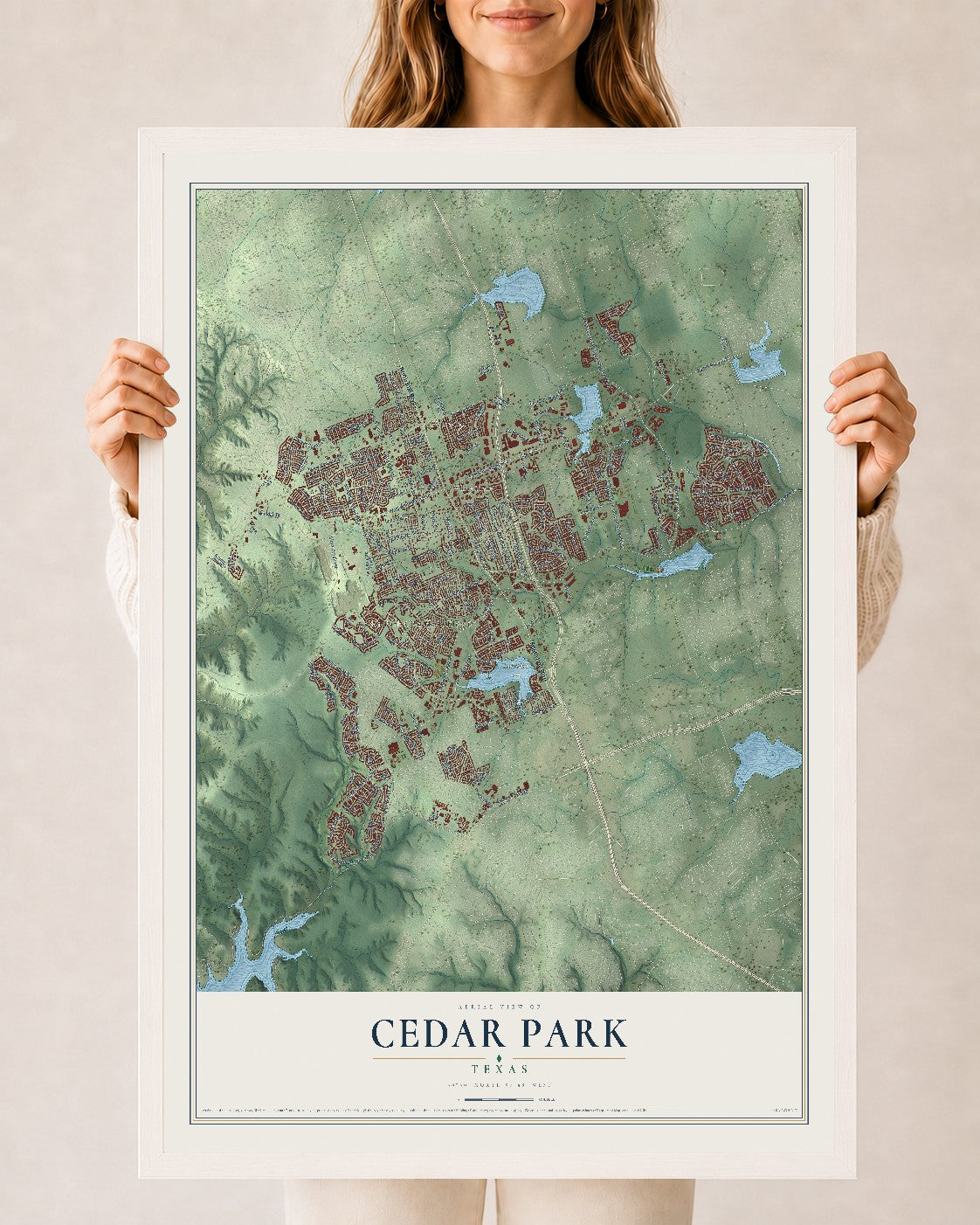 Map of Cedar Park, Texas, 24 x 36 inch print in a white wood frame