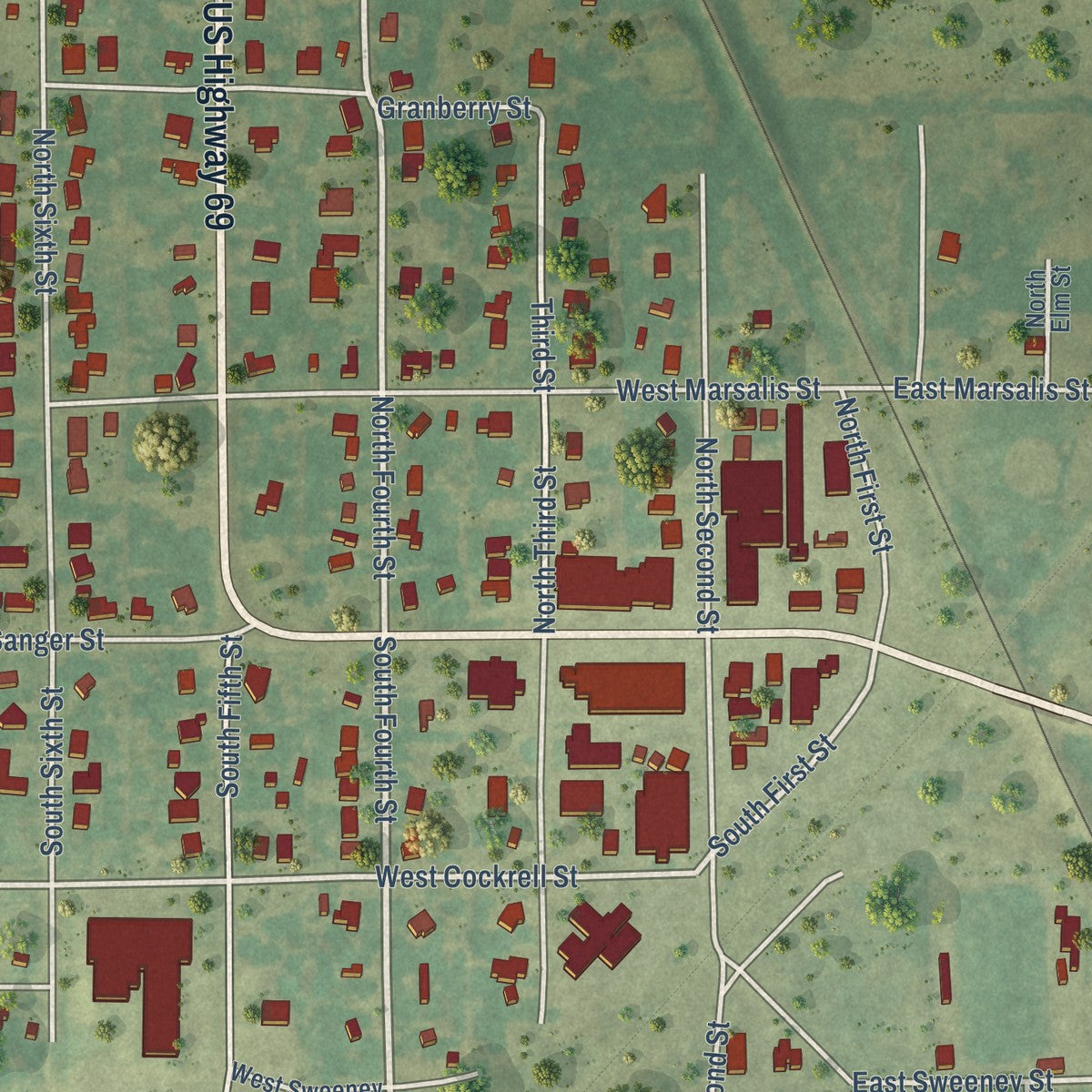 Close-up of the map of Celeste, Texas print showing street and building detail