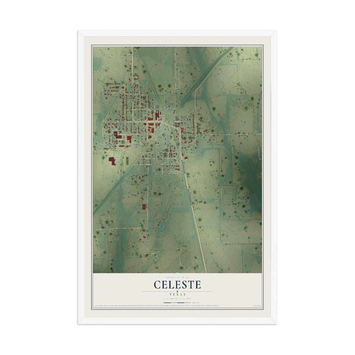 Map of Celeste, Texas, 12 x 18 inch print in a white wood frame