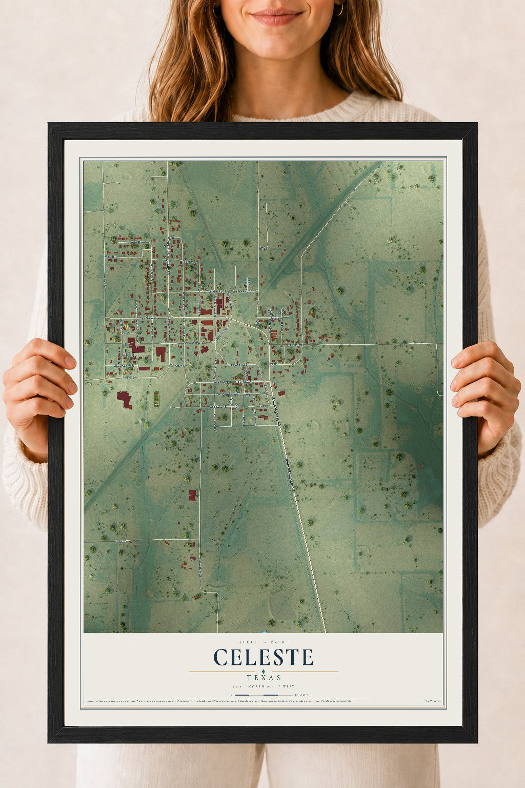 Map of Celeste, Texas, 18 x 24 inch print in a black wood frame