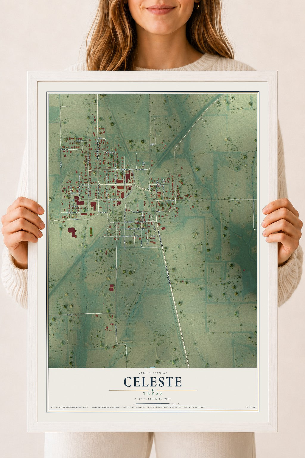 Map of Celeste, Texas, 18 x 24 inch print in a white wood frame