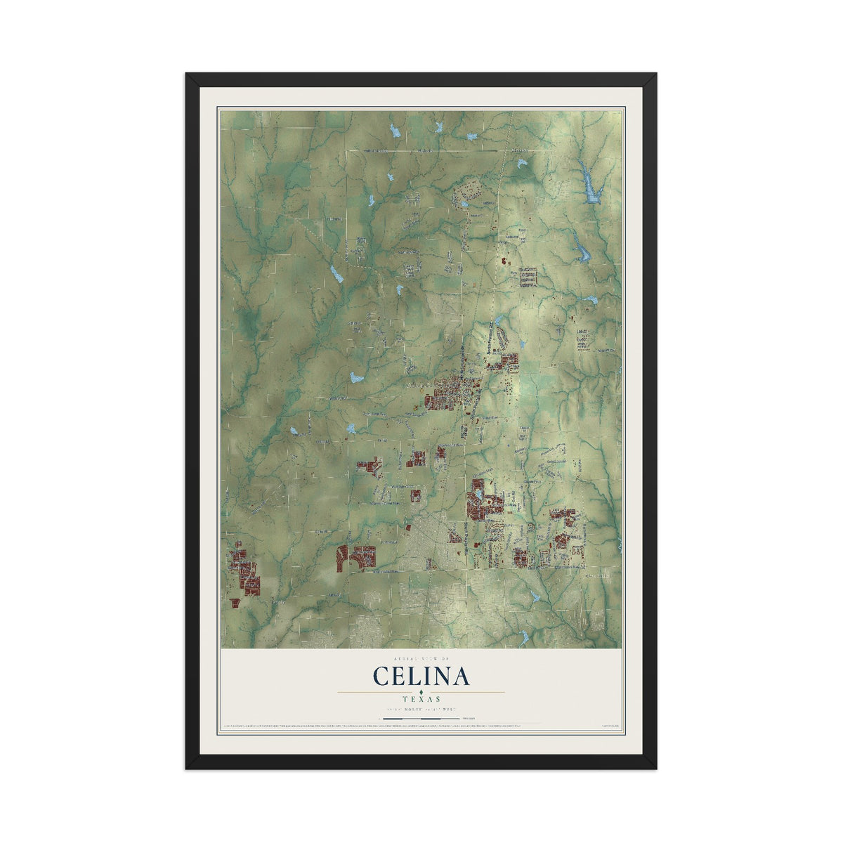 Map of Celina, Texas, 12 x 18 inch print in a black wood frame