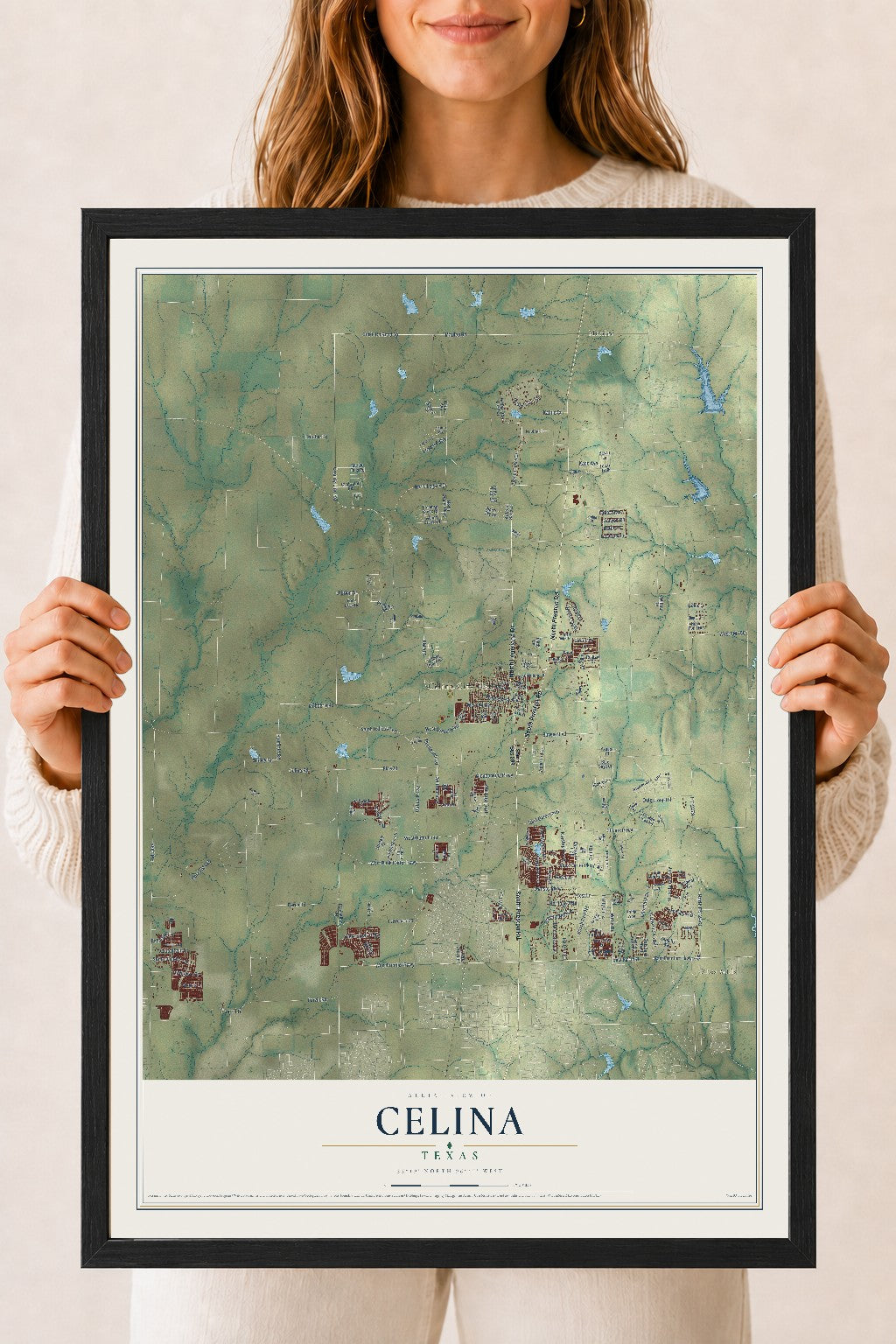 Map of Celina, Texas, 18 x 24 inch print in a black wood frame