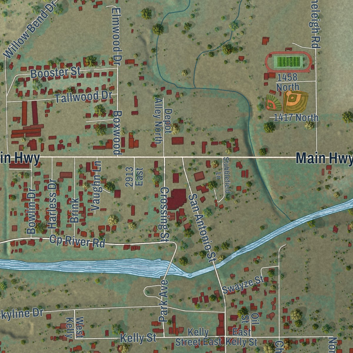 Close-up of the map of Center Point, Texas print showing street and building detail