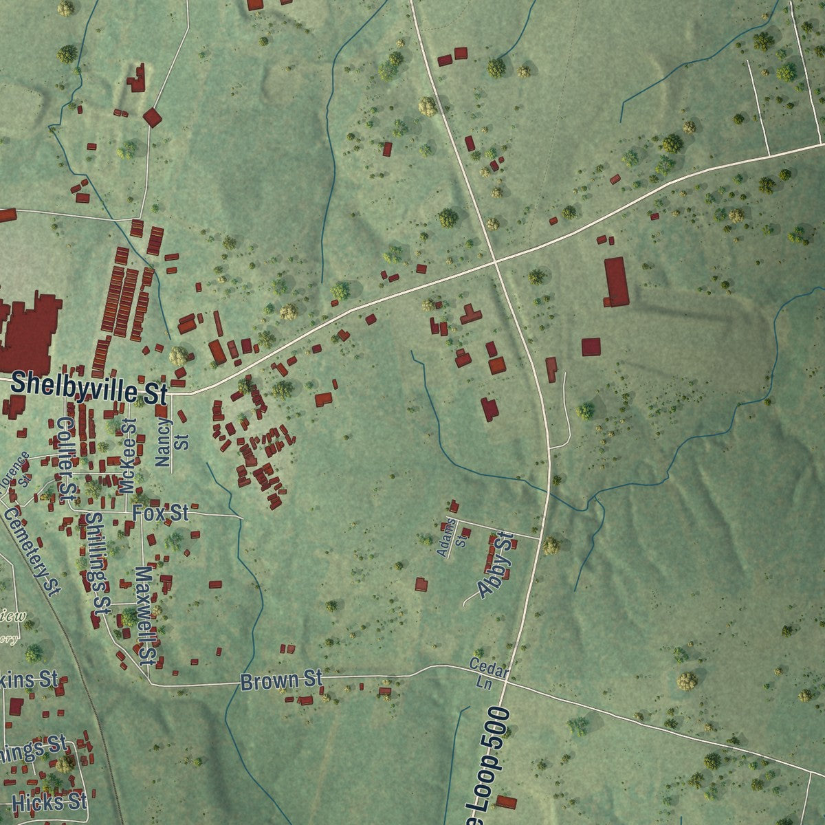 Second close-up of the map of Center, Texas print showing more streets and buildings