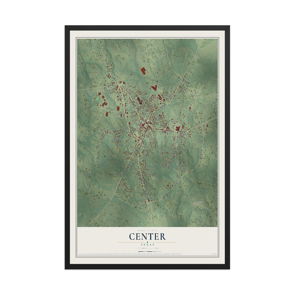 Map of Center, Texas, 12 x 18 inch print in a black wood frame