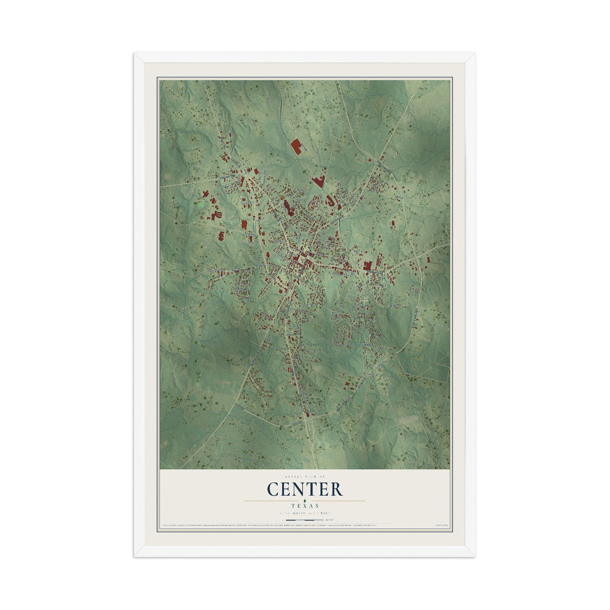 Map of Center, Texas, 12 x 18 inch print in a white wood frame