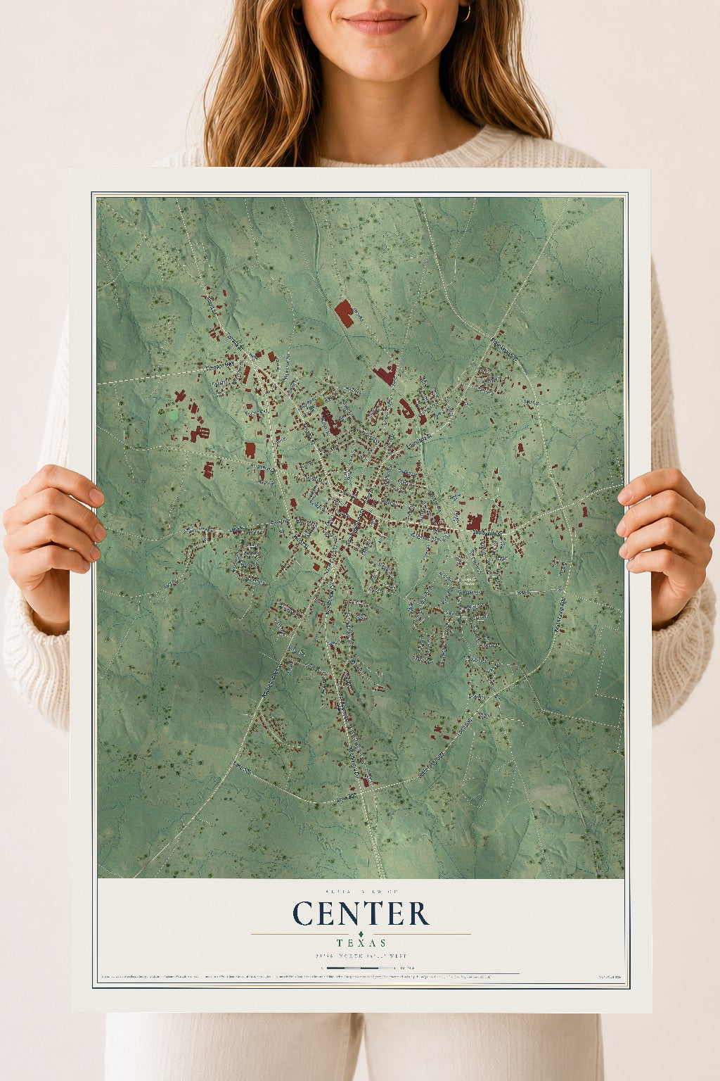 Map of Center, Texas, 18 x 24 inch unframed archival matte print