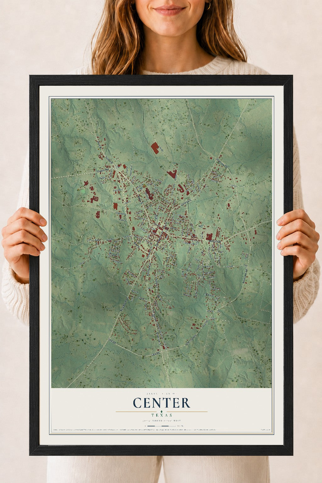 Map of Center, Texas, 18 x 24 inch print in a black wood frame