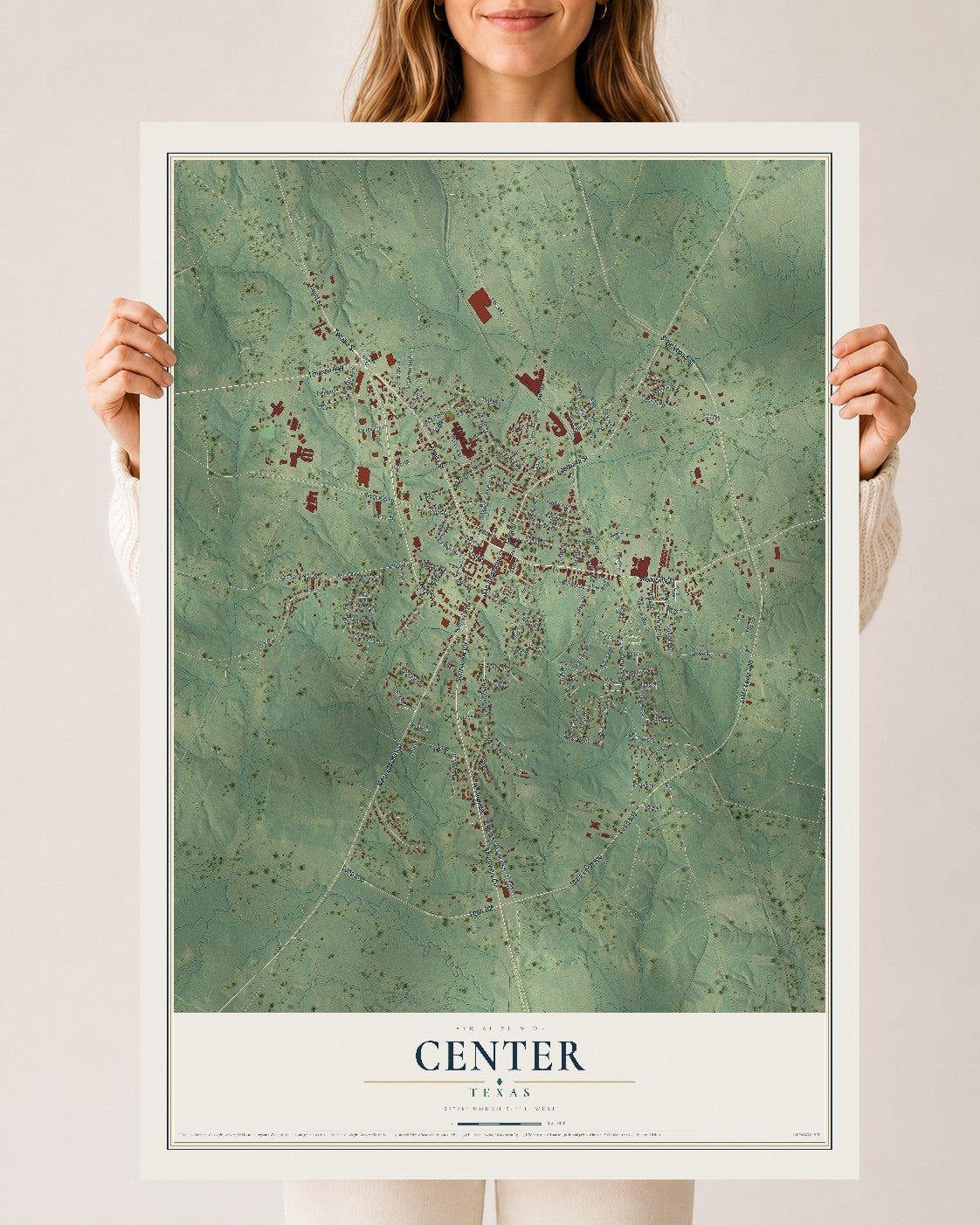 Map of Center, Texas, 24 x 36 inch unframed archival matte print