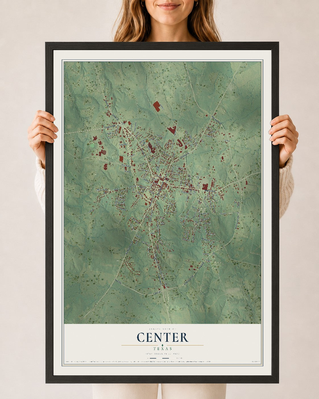Map of Center, Texas, 24 x 36 inch print in a black wood frame