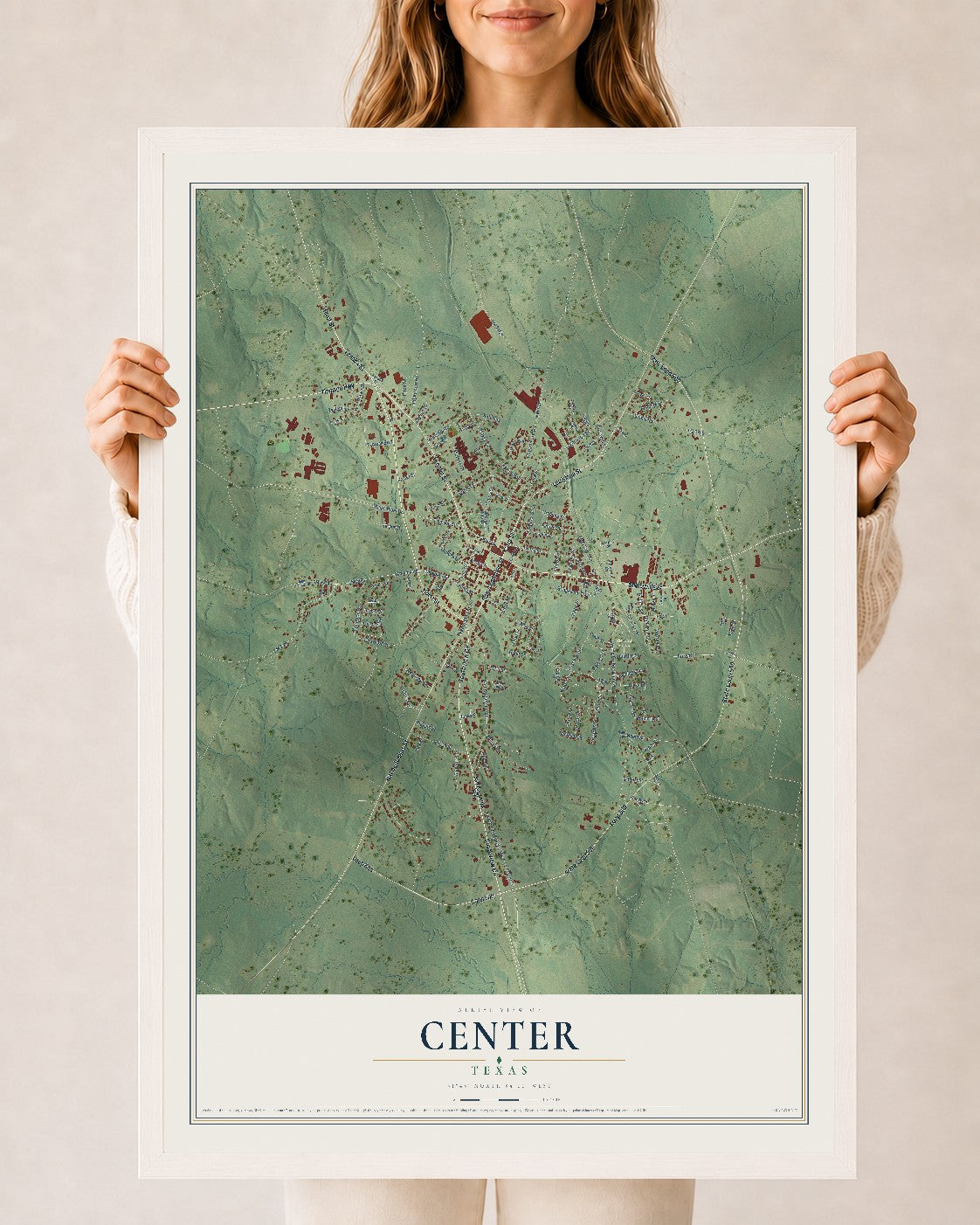 Map of Center, Texas, 24 x 36 inch print in a white wood frame