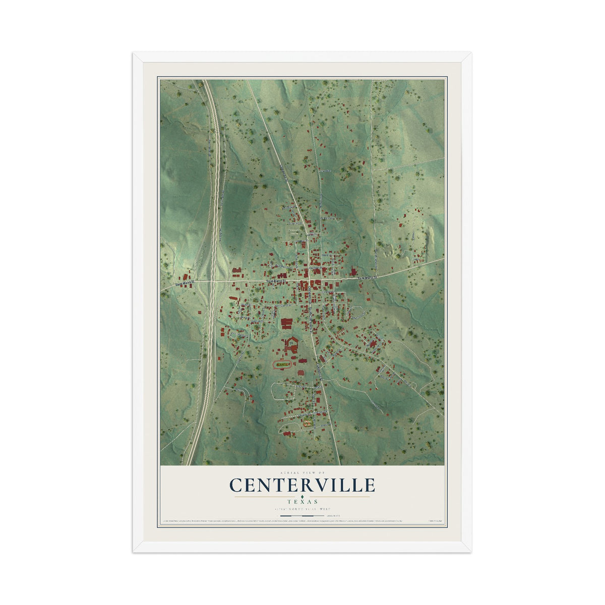 Map of Centerville, Texas, 12 x 18 inch print in a white wood frame