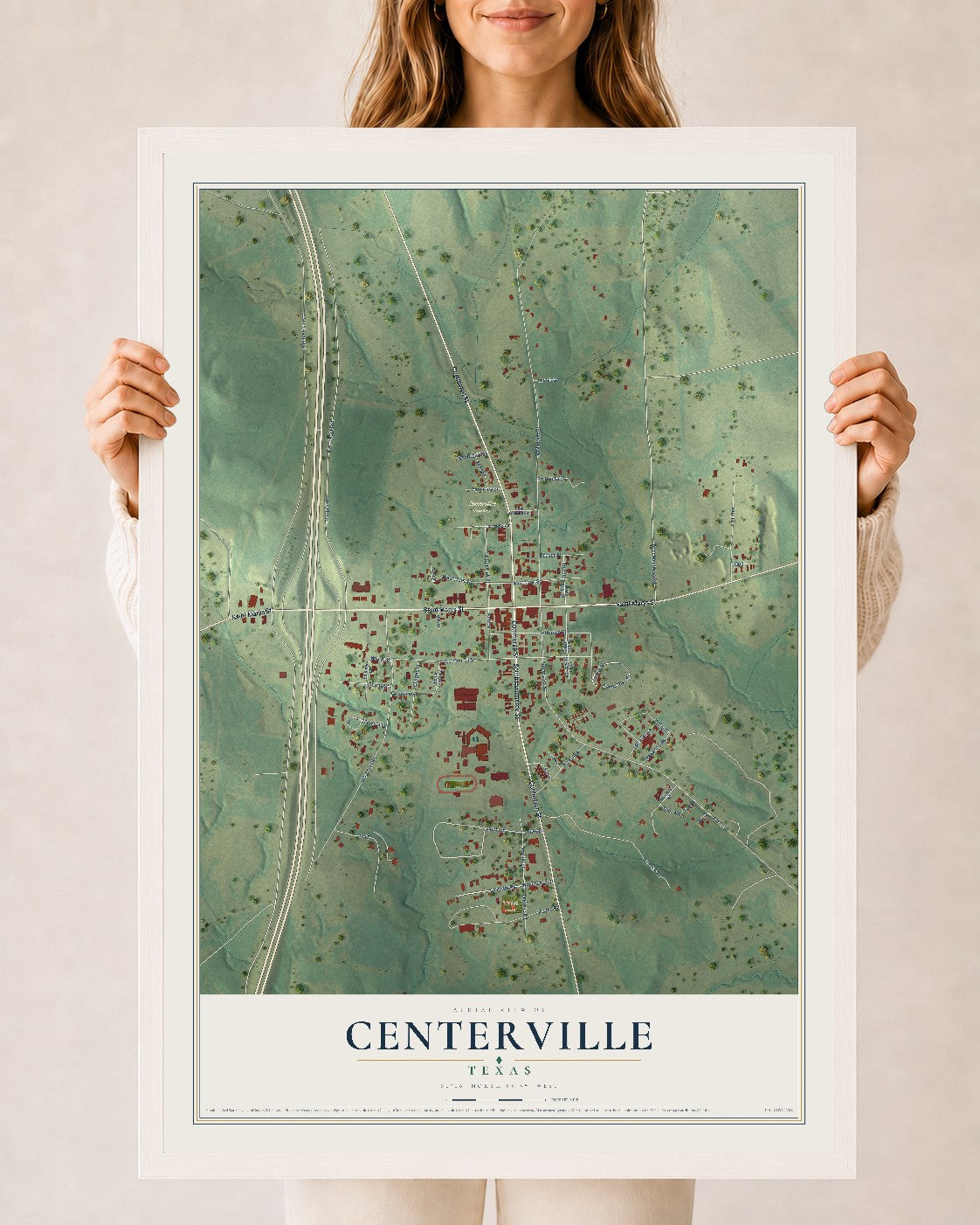 Map of Centerville, Texas, 24 x 36 inch print in a white wood frame