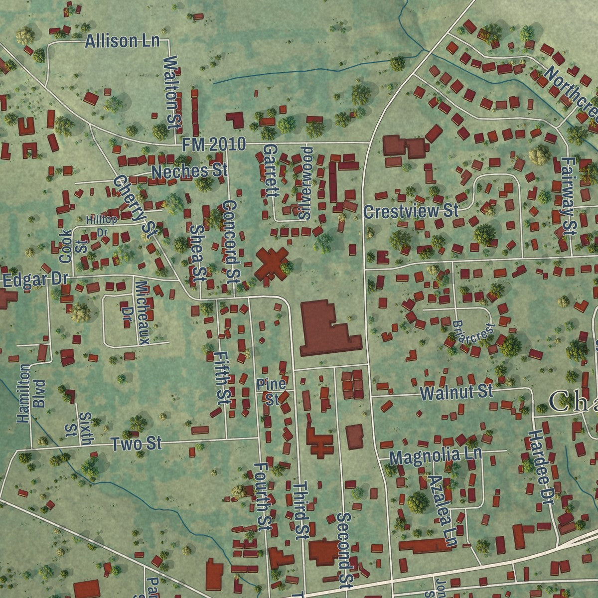 Close-up of the map of Chandler, Texas print showing street and building detail