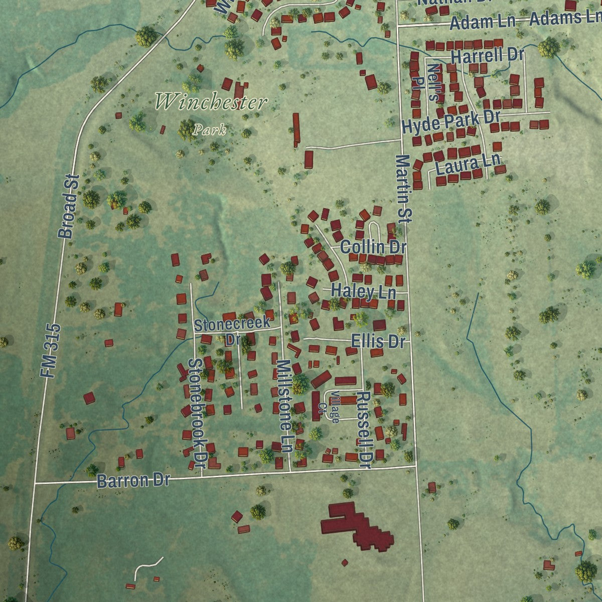 Second close-up of the map of Chandler, Texas print showing more streets and buildings
