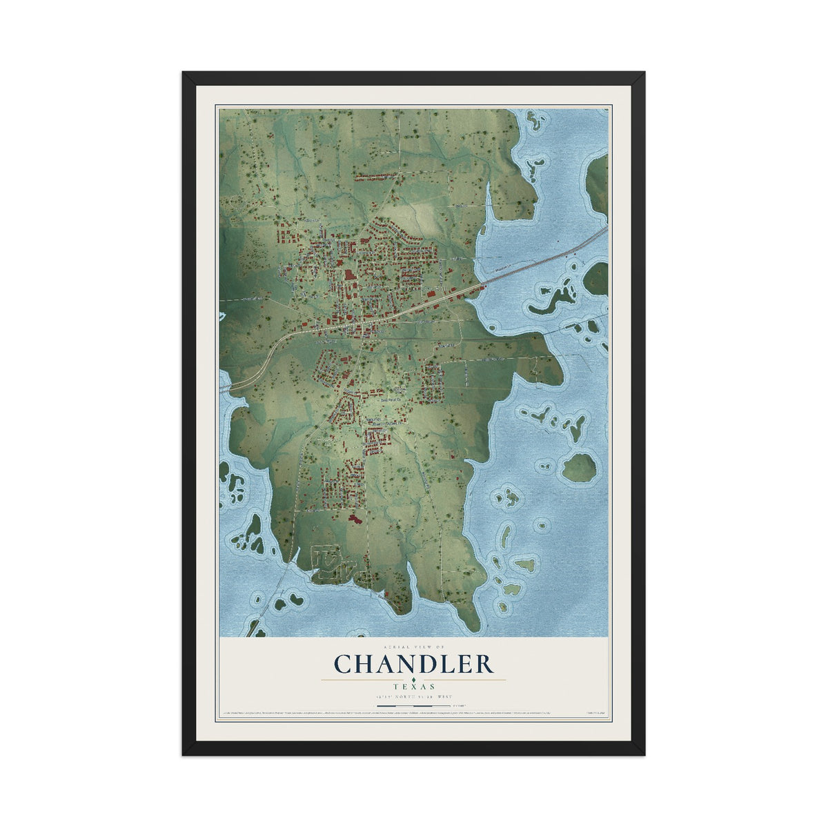 Map of Chandler, Texas, 12 x 18 inch print in a black wood frame