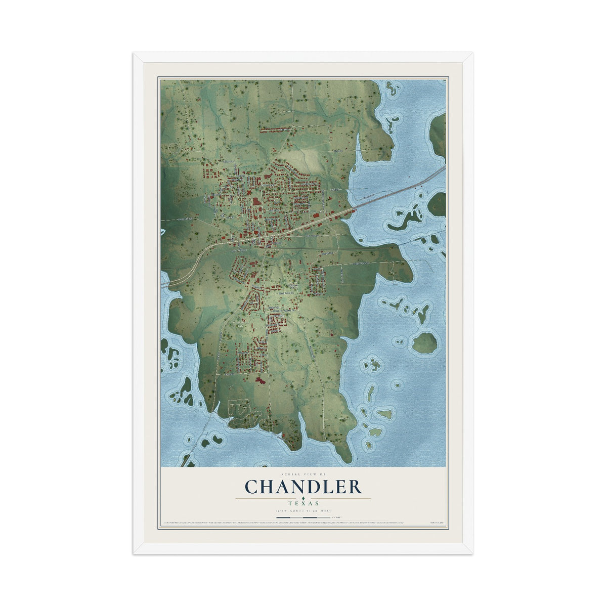 Map of Chandler, Texas, 12 x 18 inch print in a white wood frame