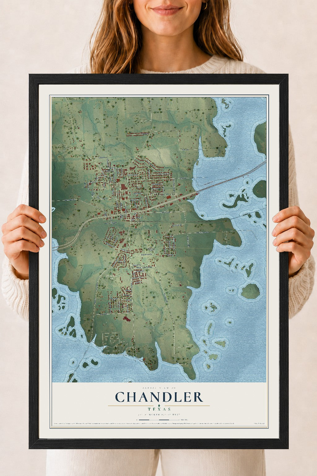 Map of Chandler, Texas, 18 x 24 inch print in a black wood frame