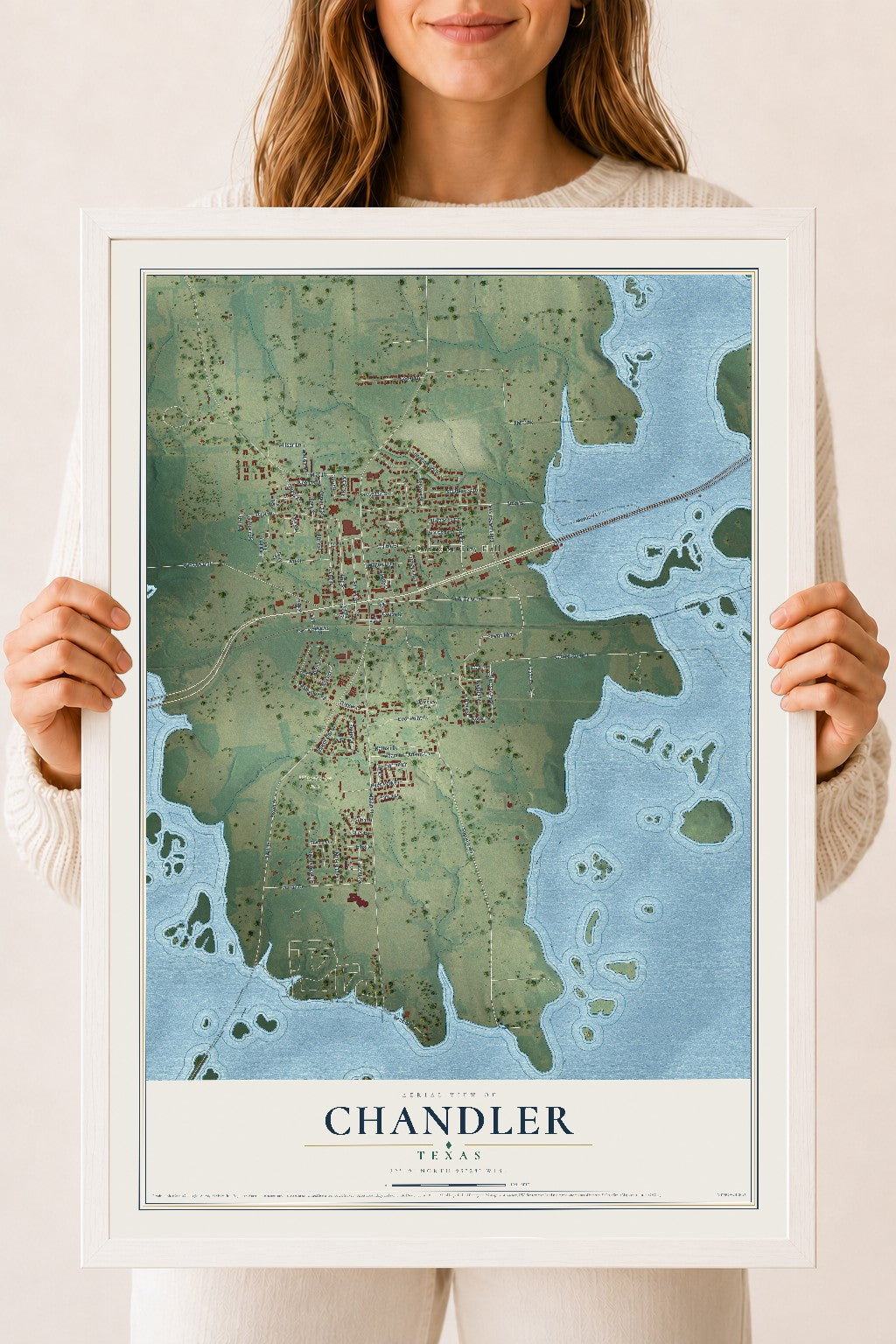 Map of Chandler, Texas, 18 x 24 inch print in a white wood frame
