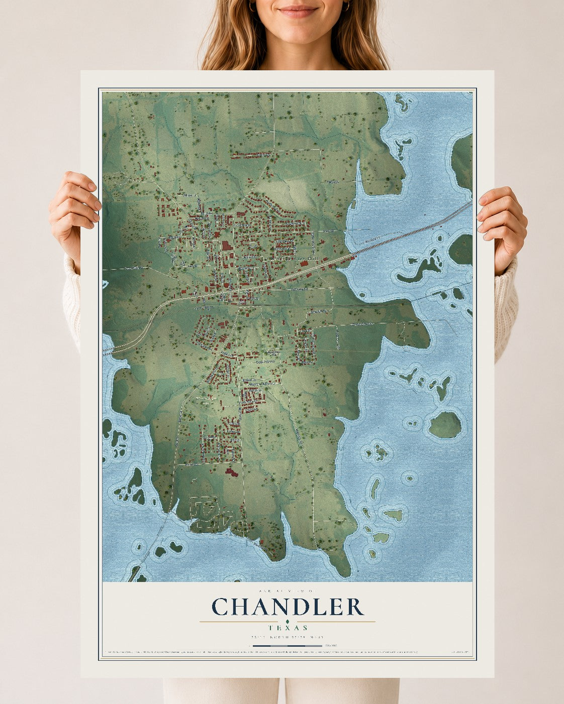 Map of Chandler, Texas, 24 x 36 inch unframed archival matte print