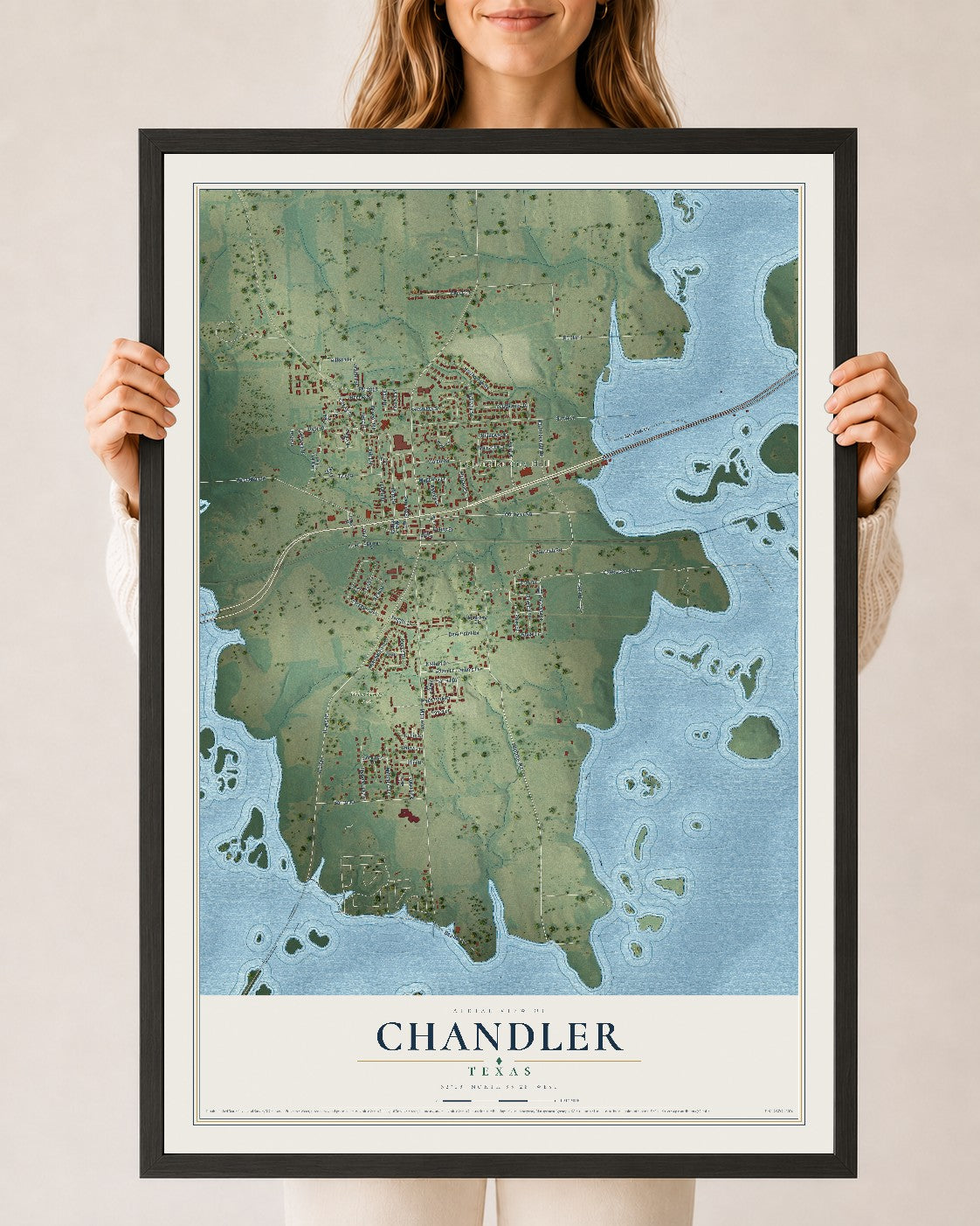 Map of Chandler, Texas, 24 x 36 inch print in a black wood frame