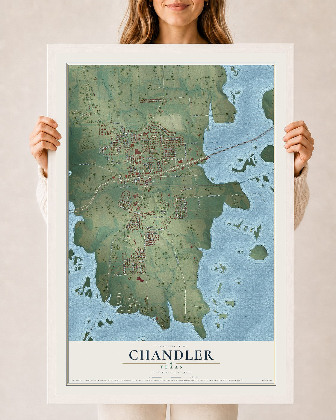 Map of Chandler, Texas, 24 x 36 inch print in a white wood frame