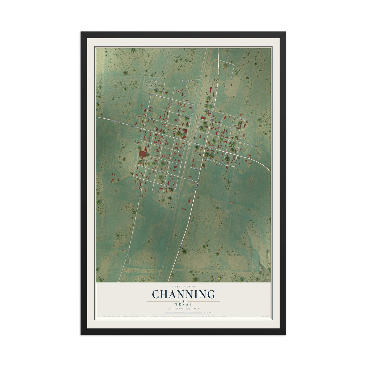 Map of Channing, Texas, 12 x 18 inch print in a black wood frame