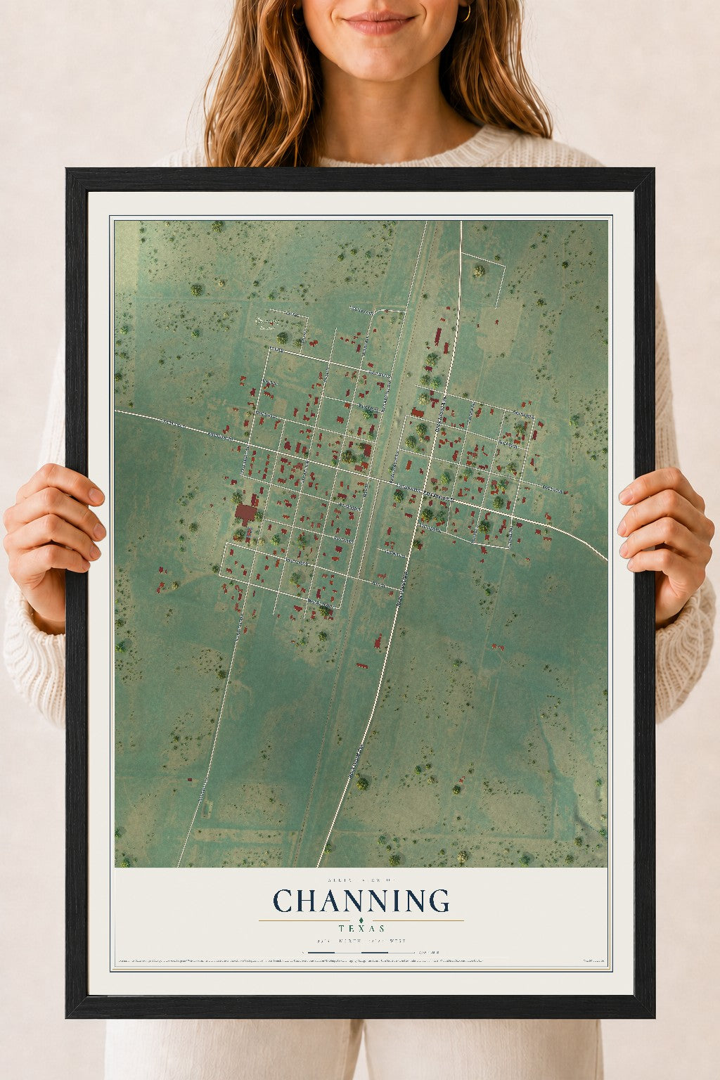 Map of Channing, Texas, 18 x 24 inch print in a black wood frame