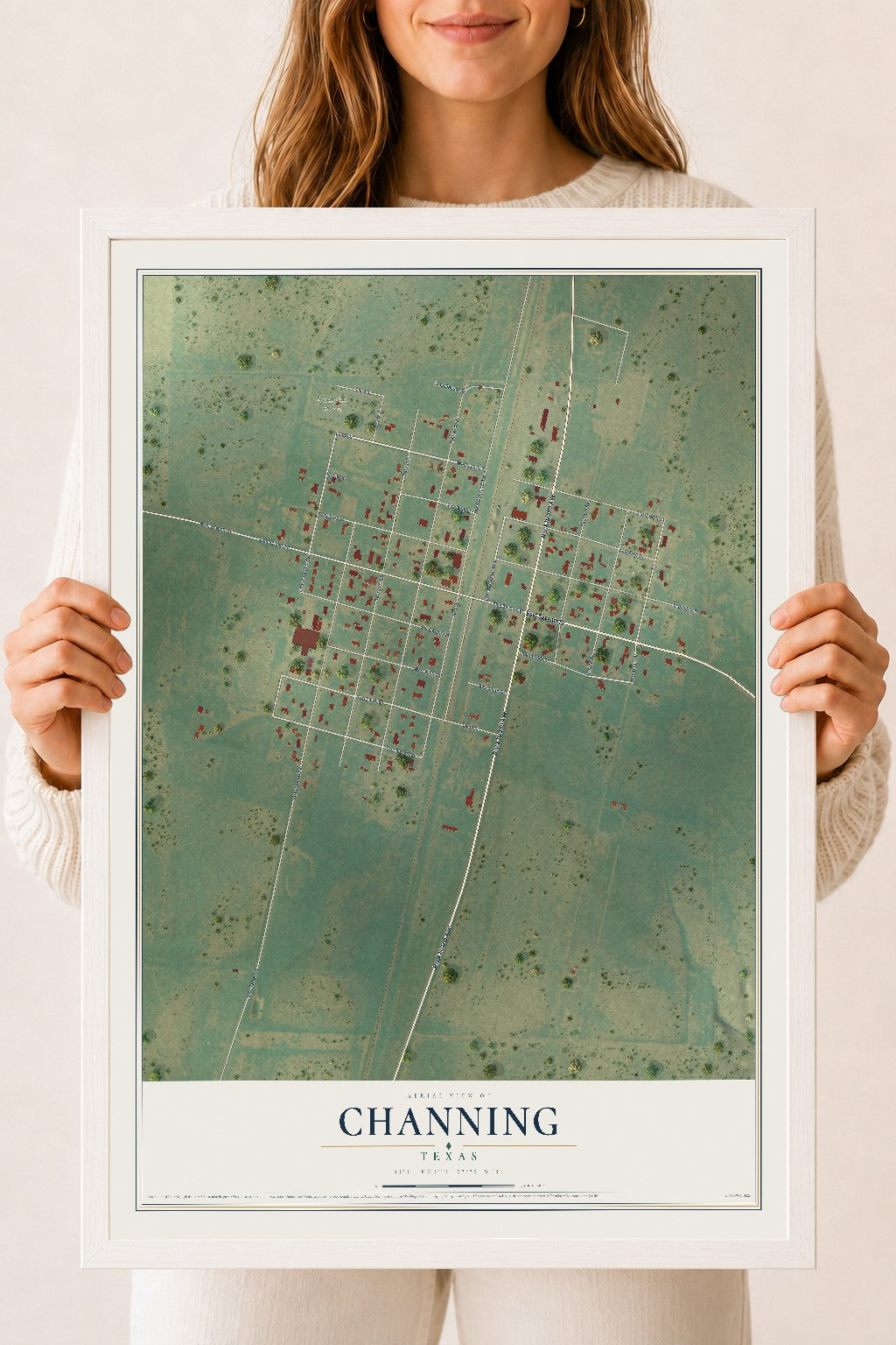 Map of Channing, Texas, 18 x 24 inch print in a white wood frame