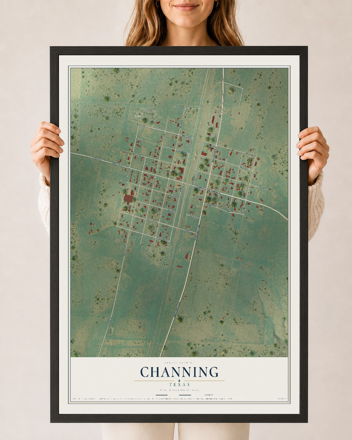 Map of Channing, Texas, 24 x 36 inch print in a black wood frame