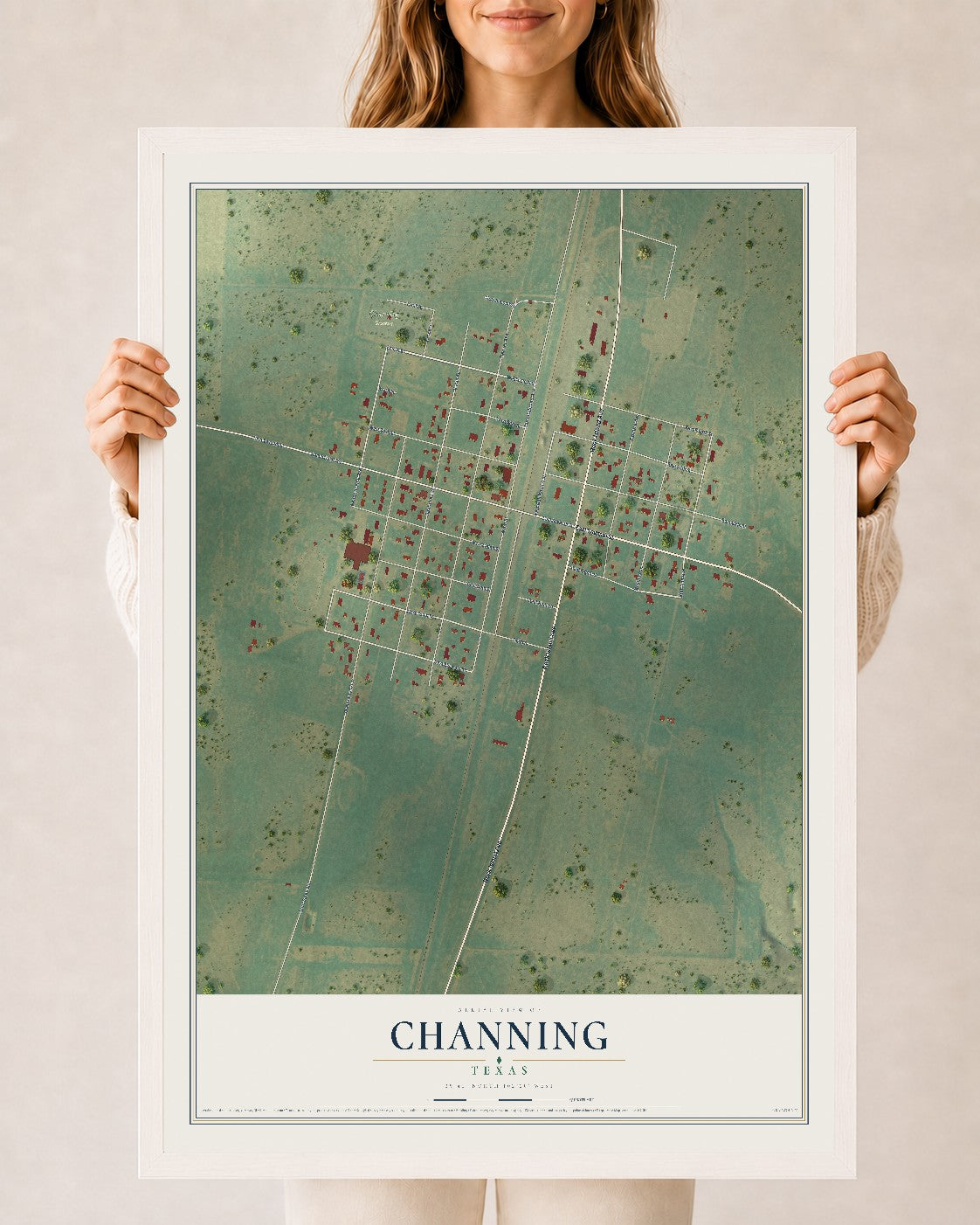 Map of Channing, Texas, 24 x 36 inch print in a white wood frame