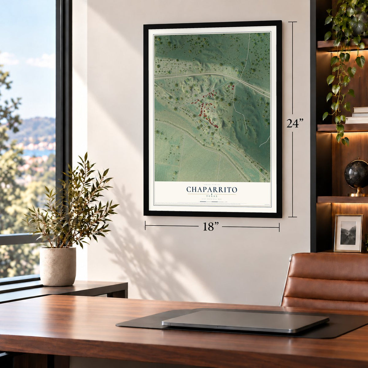 Chaparrito, Texas map, 18 x 24 inch print in a black frame in a home office