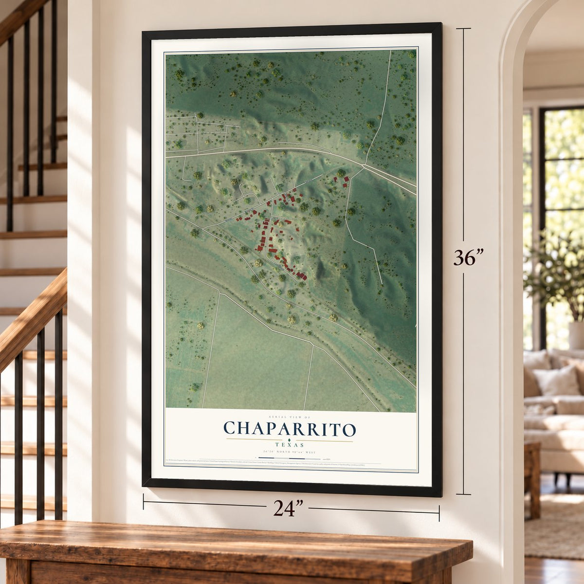 Chaparrito, Texas map, 24 x 36 inch print in a black frame by a staircase