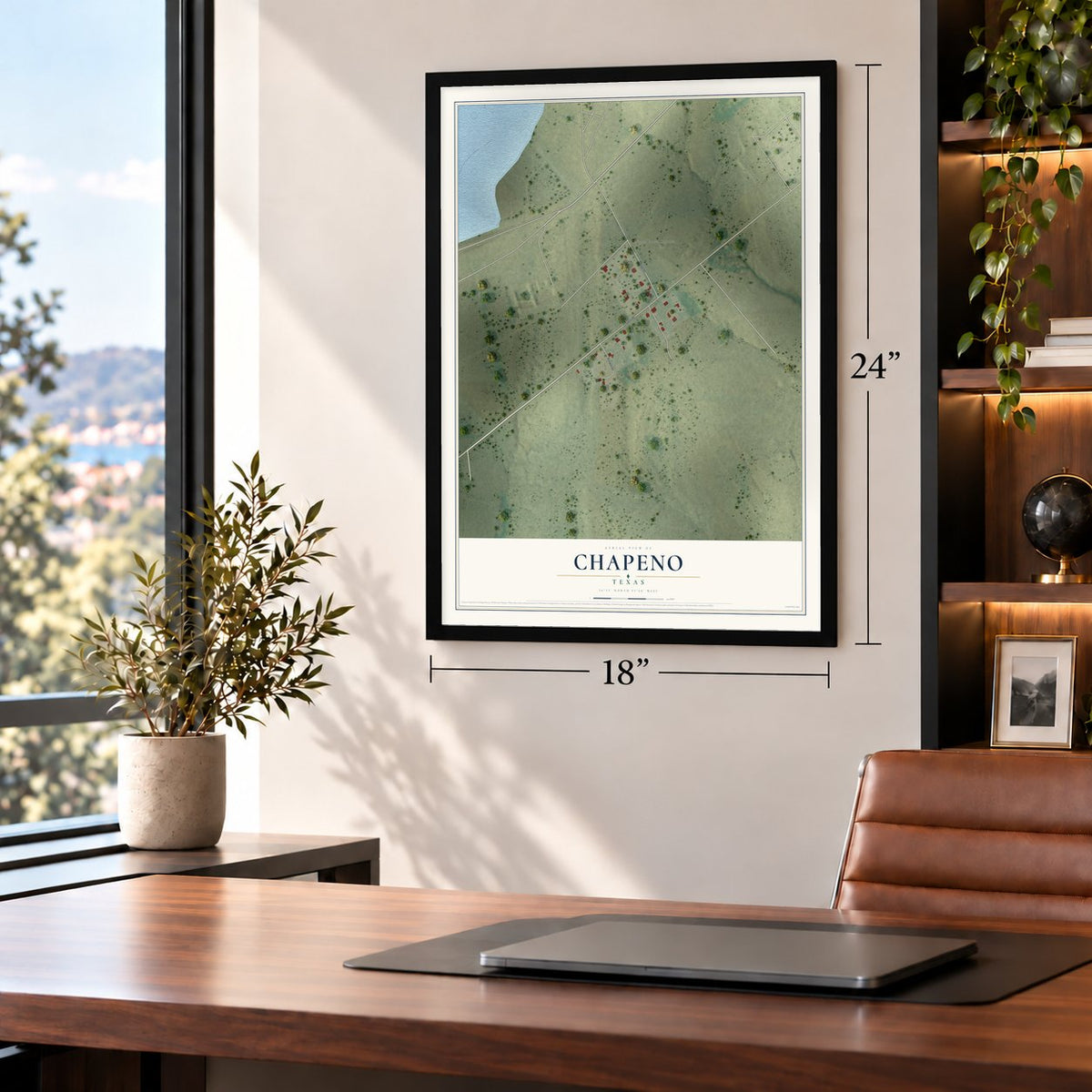 Chapeno, Texas map, 18 x 24 inch print in a black frame in a home office