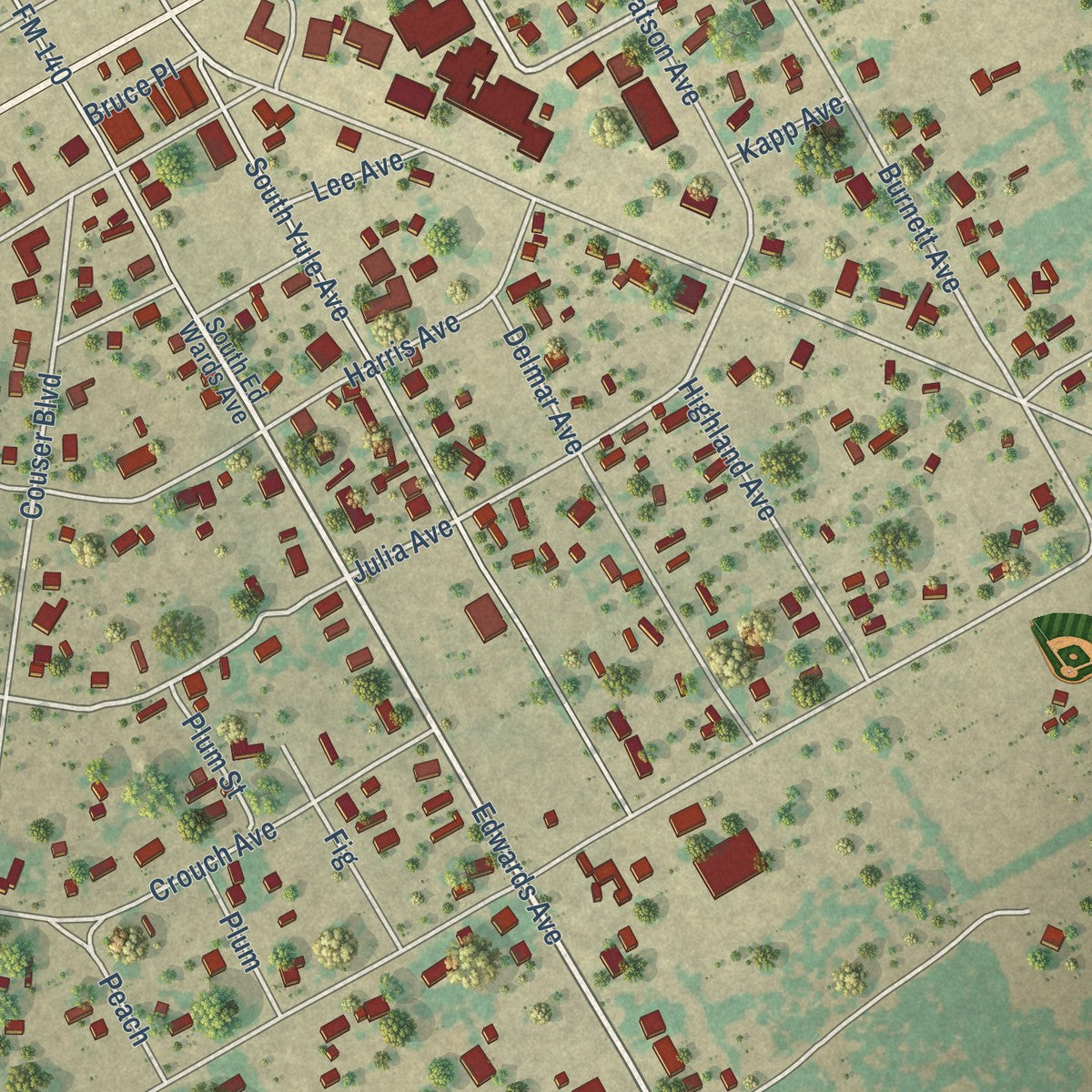 Close-up of the map of Charlotte, Texas print showing street and building detail