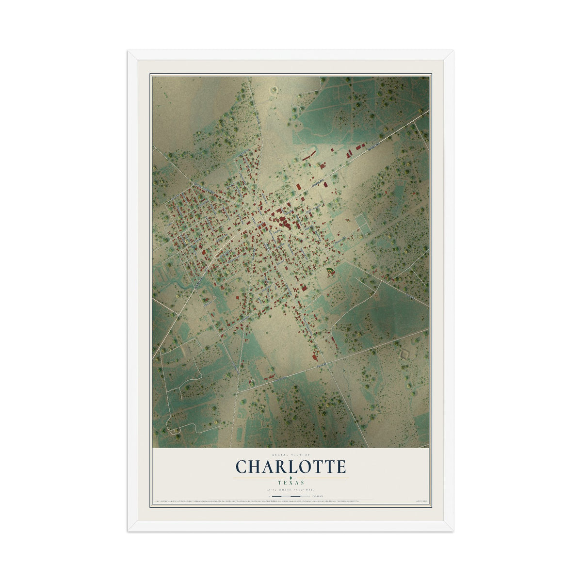 Map of Charlotte, Texas, 12 x 18 inch print in a white wood frame