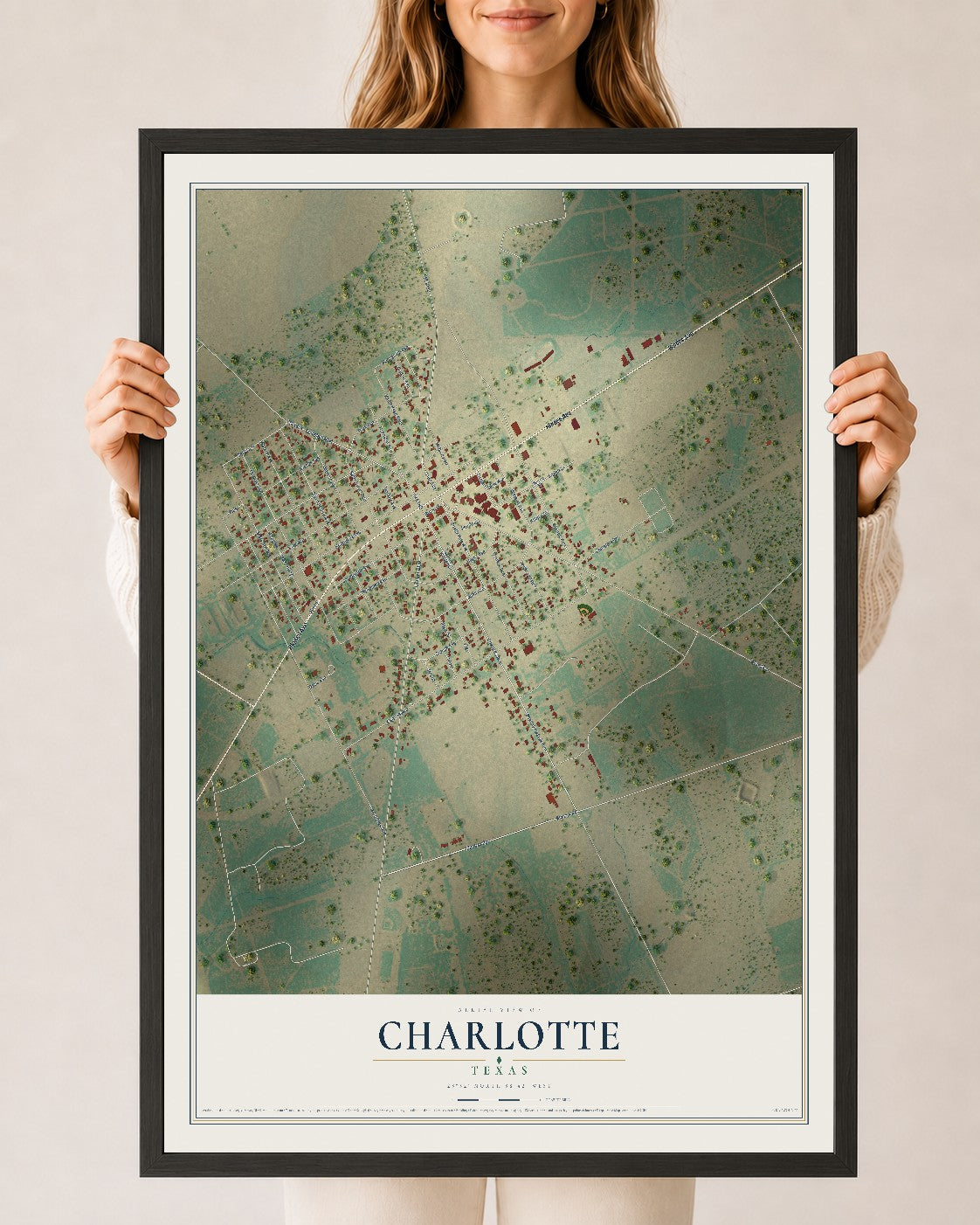 Map of Charlotte, Texas, 24 x 36 inch print in a black wood frame