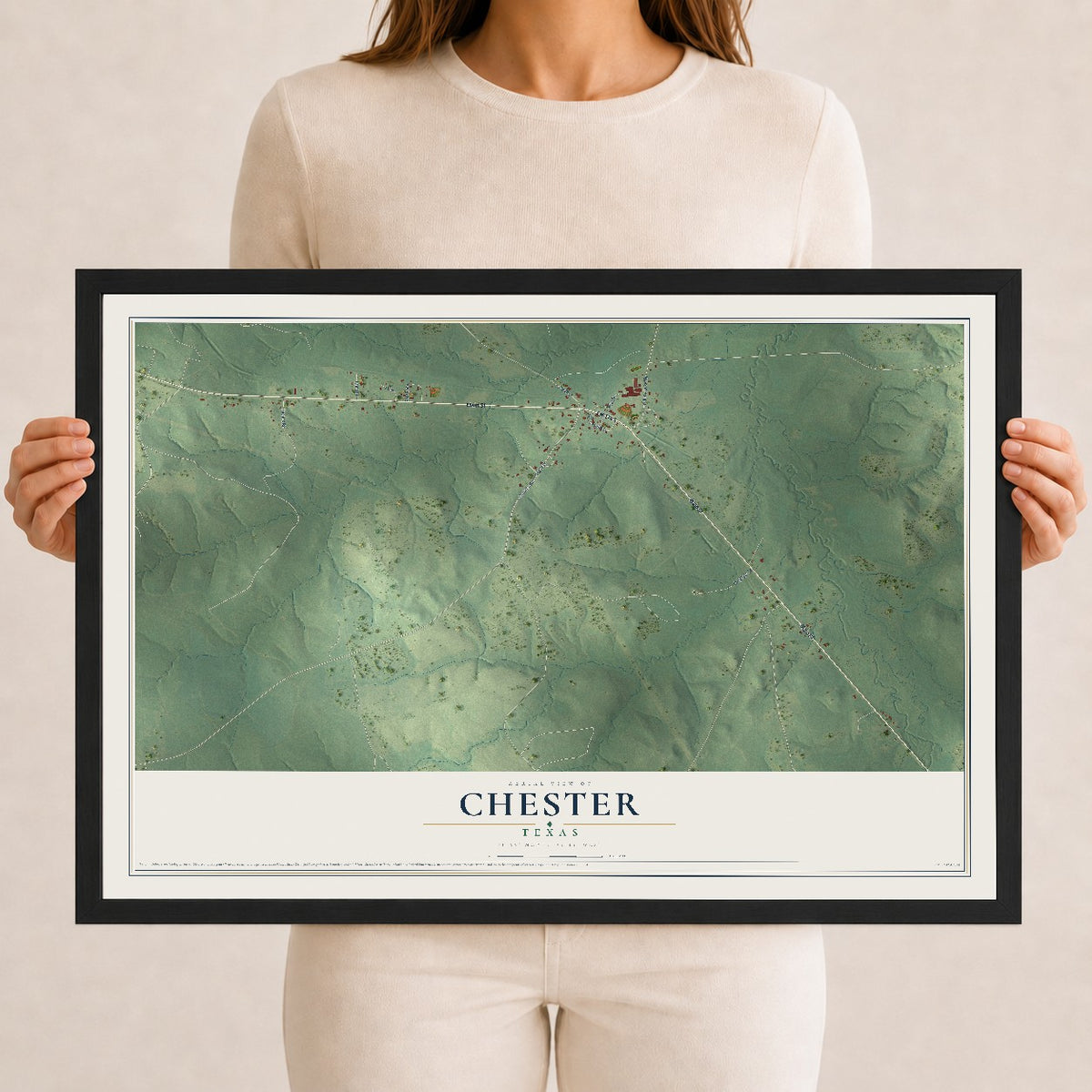 Map of Chester, Texas, 12 x 18 inch print in a black wood frame