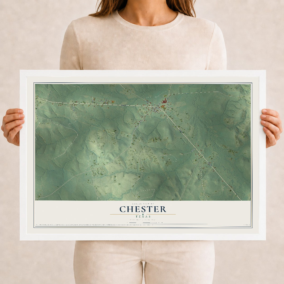 Map of Chester, Texas, 12 x 18 inch print in a white wood frame