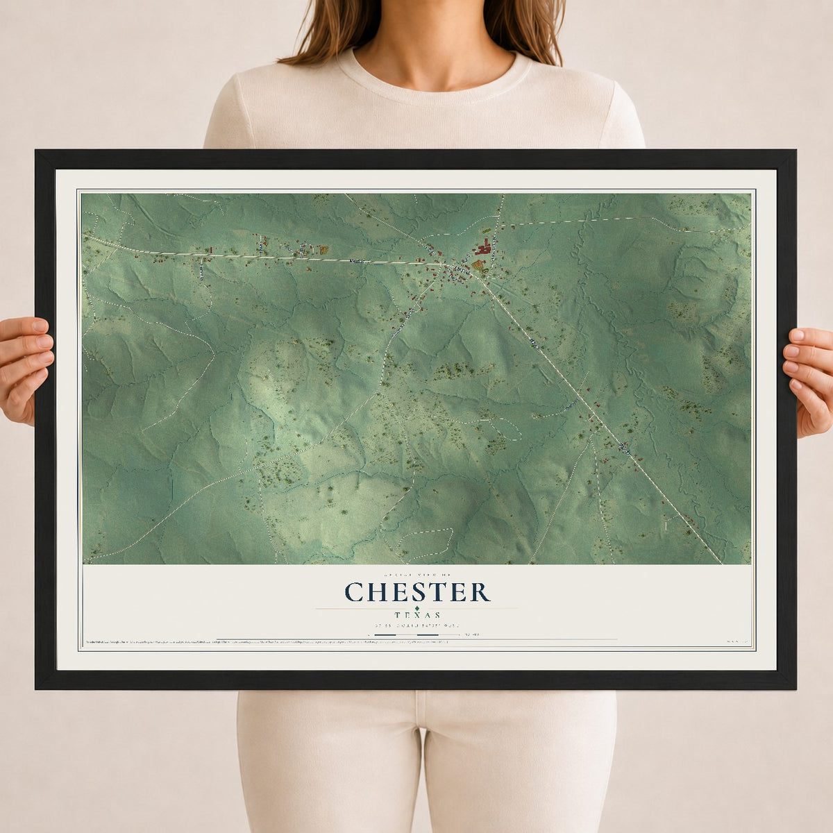 Map of Chester, Texas, 18 x 24 inch print in a black wood frame