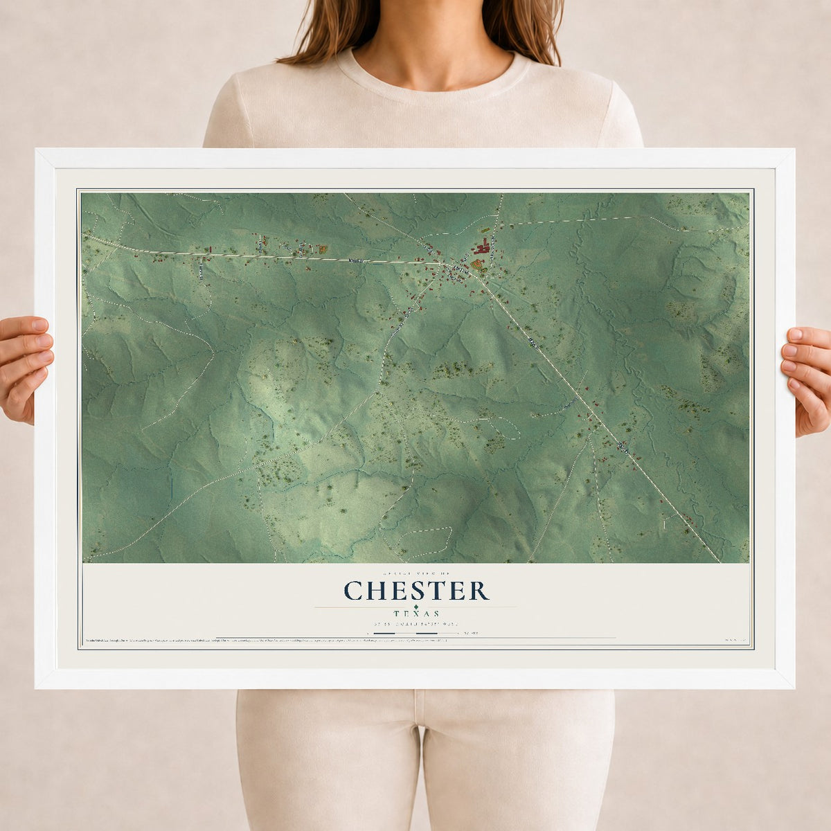 Map of Chester, Texas, 18 x 24 inch print in a white wood frame