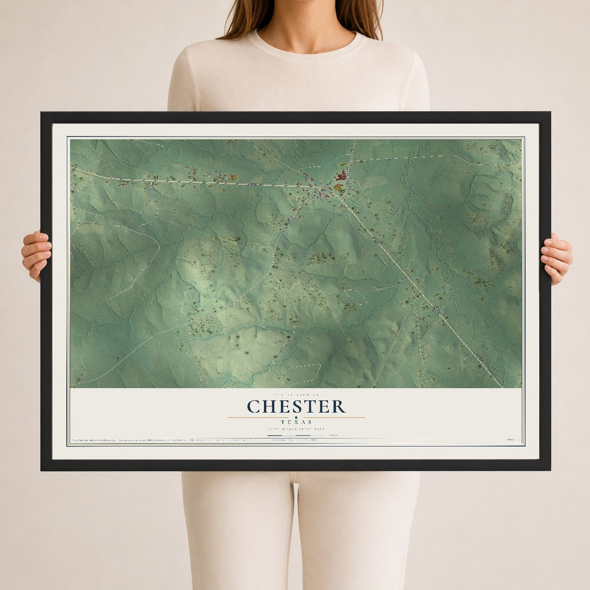 Map of Chester, Texas, 24 x 36 inch print in a black wood frame