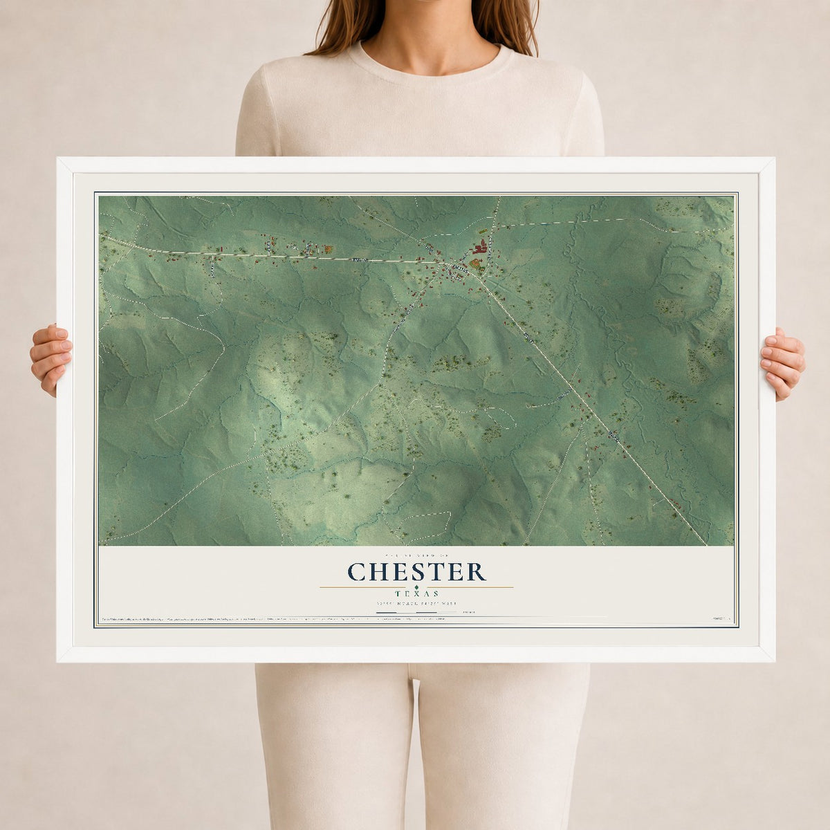 Map of Chester, Texas, 24 x 36 inch print in a white wood frame