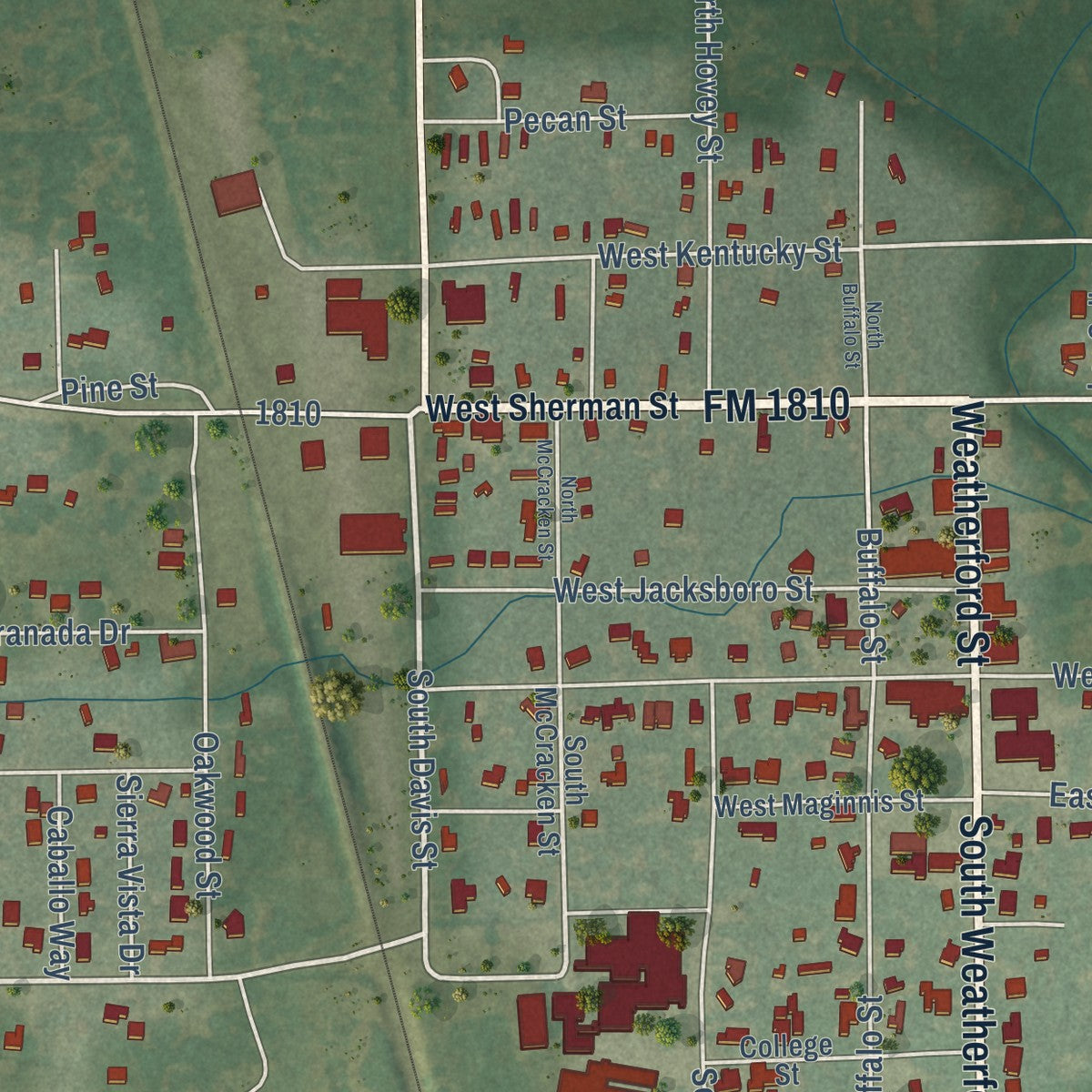 Close-up of the map of Chico, Texas print showing street and building detail