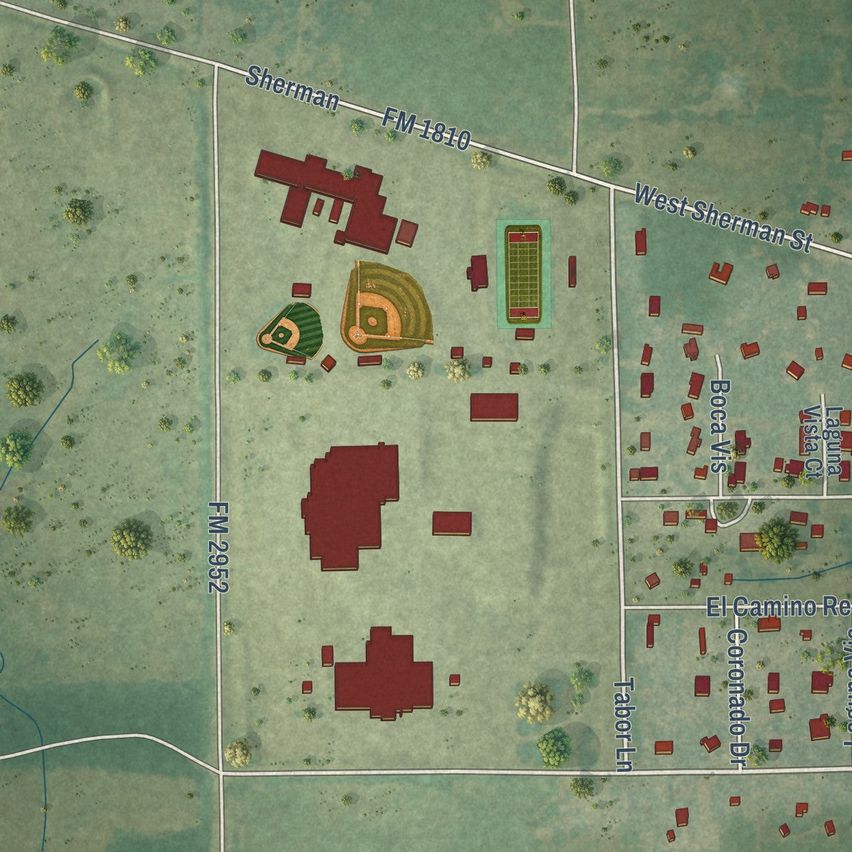 Second close-up of the map of Chico, Texas print showing more streets and buildings